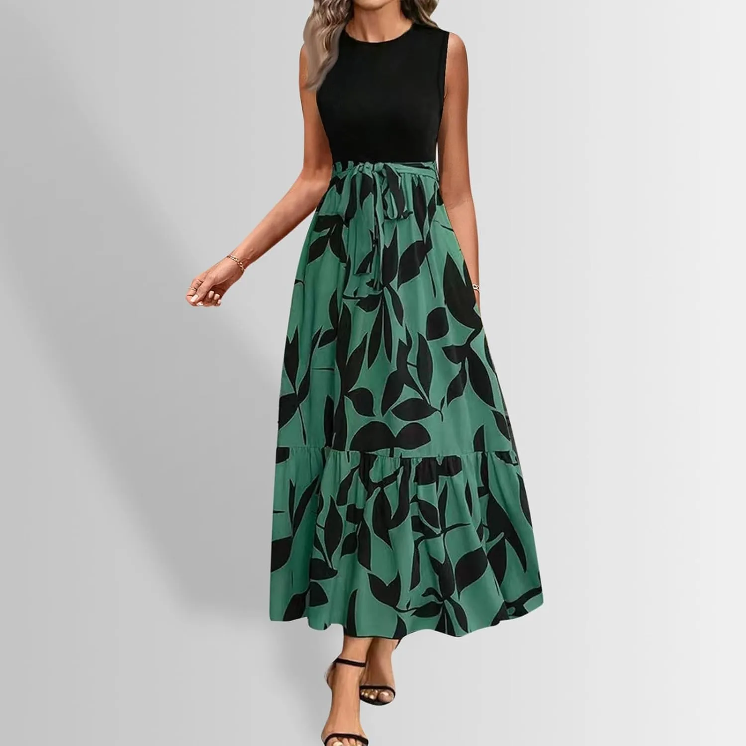 Women's Summer Sleeveless Maxi Dress 2025 Casual Crewneck Pleated Flowy Long Dress High Waisted Belted Ruffle Sundress