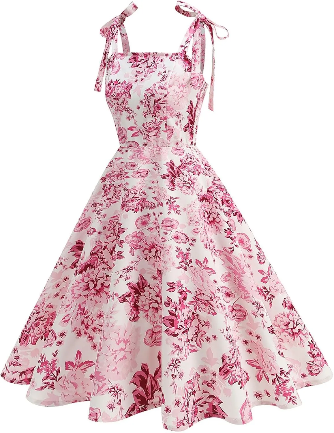 Women's Tie Strap A-Line Swing Dress, Fashion Floral Print Prom Party Gown Sleeveless High Waist Hepburn Dresses