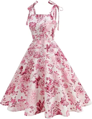 Women's Tie Strap A-Line Swing Dress, Fashion Floral Print Prom Party Gown Sleeveless High Waist Hepburn Dresses