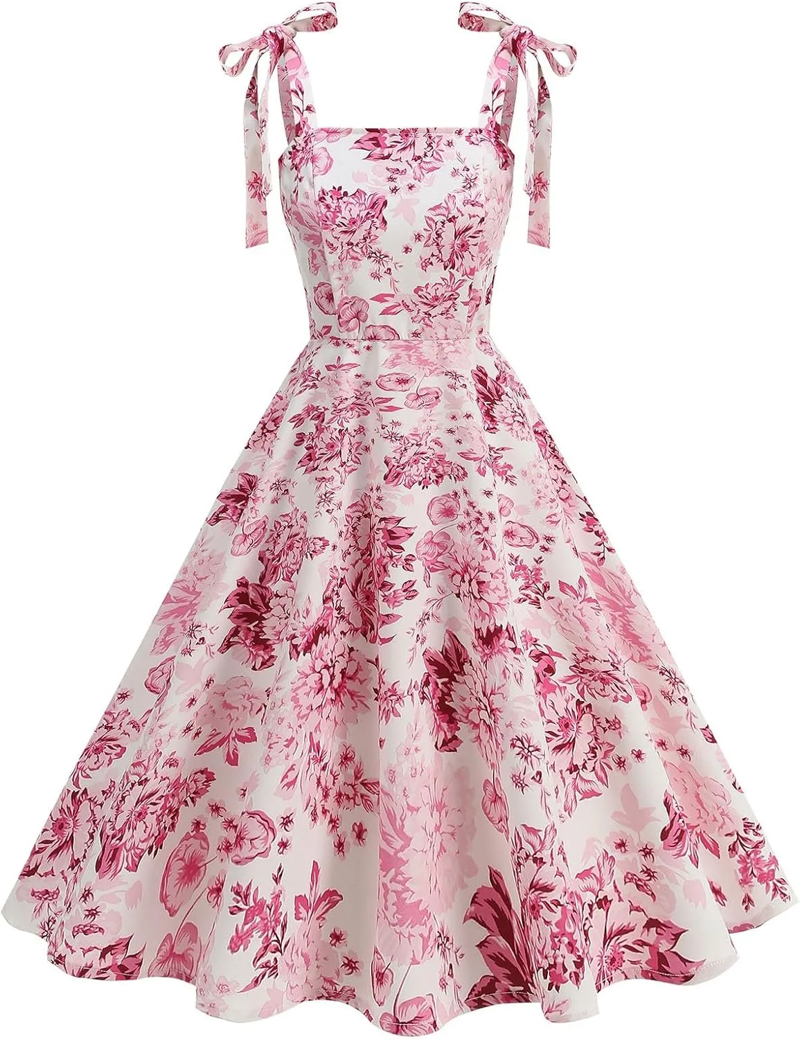 Women's Tie Strap A-Line Swing Dress, Fashion Floral Print Prom Party Gown Sleeveless High Waist Hepburn Dresses