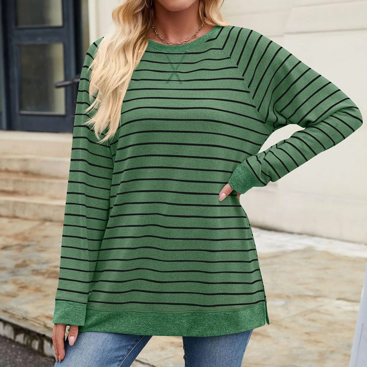 Women's Winter Striped Oversized Hoodies Sweatshirts Pullover Clothes, Crew Neck Long Sleeve Tunic Comfy Tops