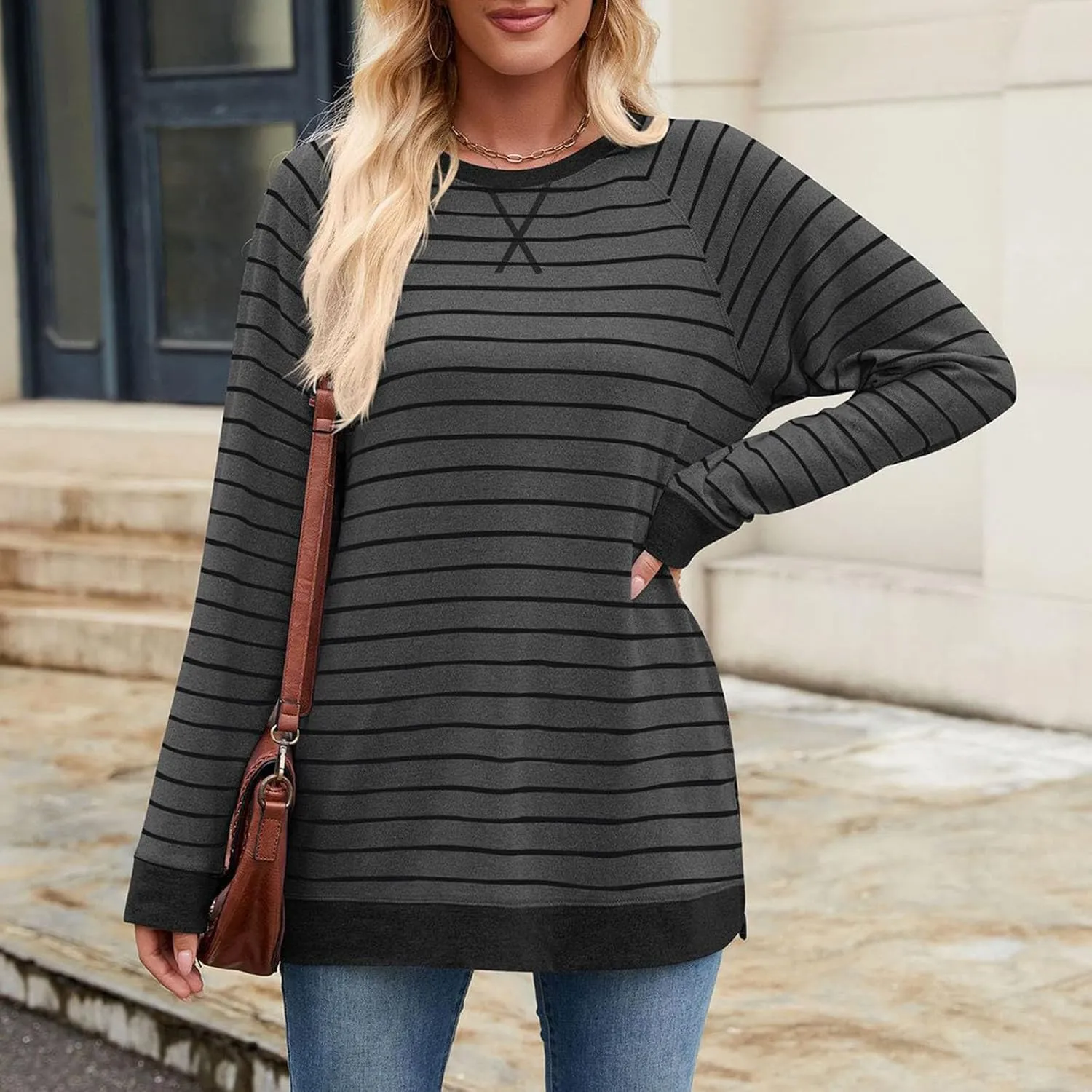 Women's Winter Striped Oversized Hoodies Sweatshirts Pullover Clothes, Crew Neck Long Sleeve Tunic Comfy Tops