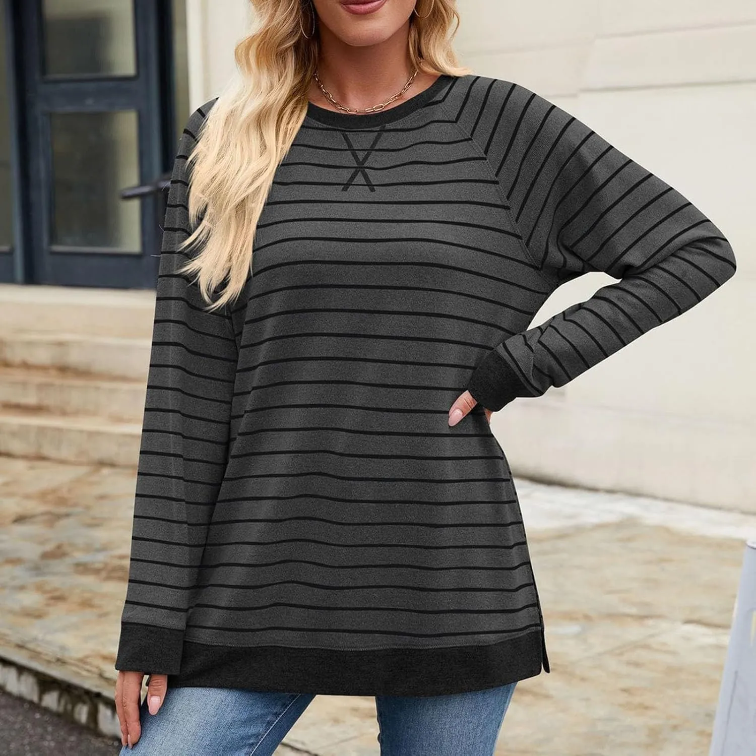 Women's Winter Striped Oversized Hoodies Sweatshirts Pullover Clothes, Crew Neck Long Sleeve Tunic Comfy Tops