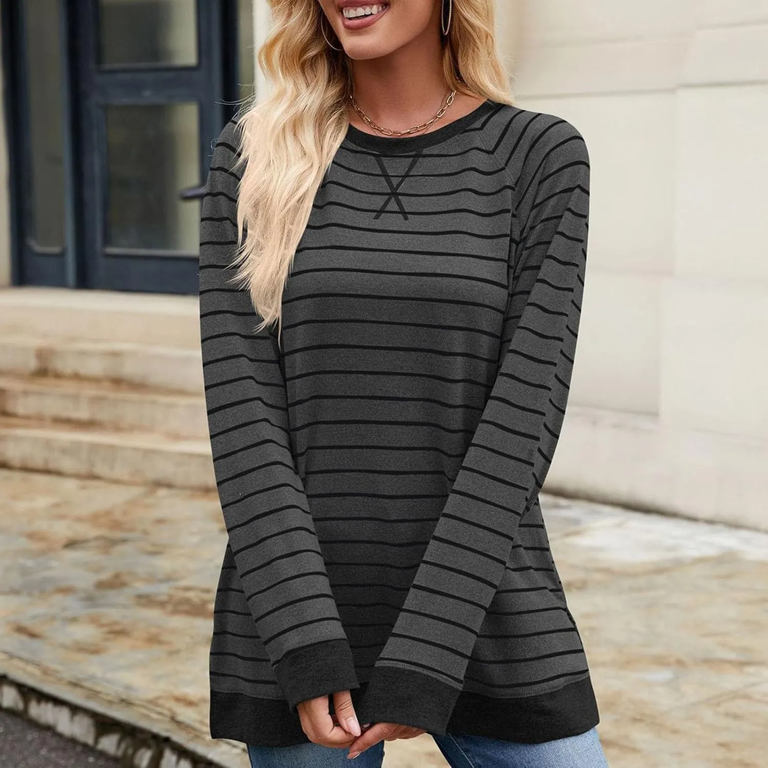 Women's Winter Striped Oversized Hoodies Sweatshirts Pullover Clothes, Crew Neck Long Sleeve Tunic Comfy Tops