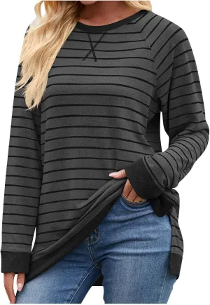 Women's Winter Striped Oversized Hoodies Sweatshirts Pullover Clothes, Crew Neck Long Sleeve Tunic Comfy Tops