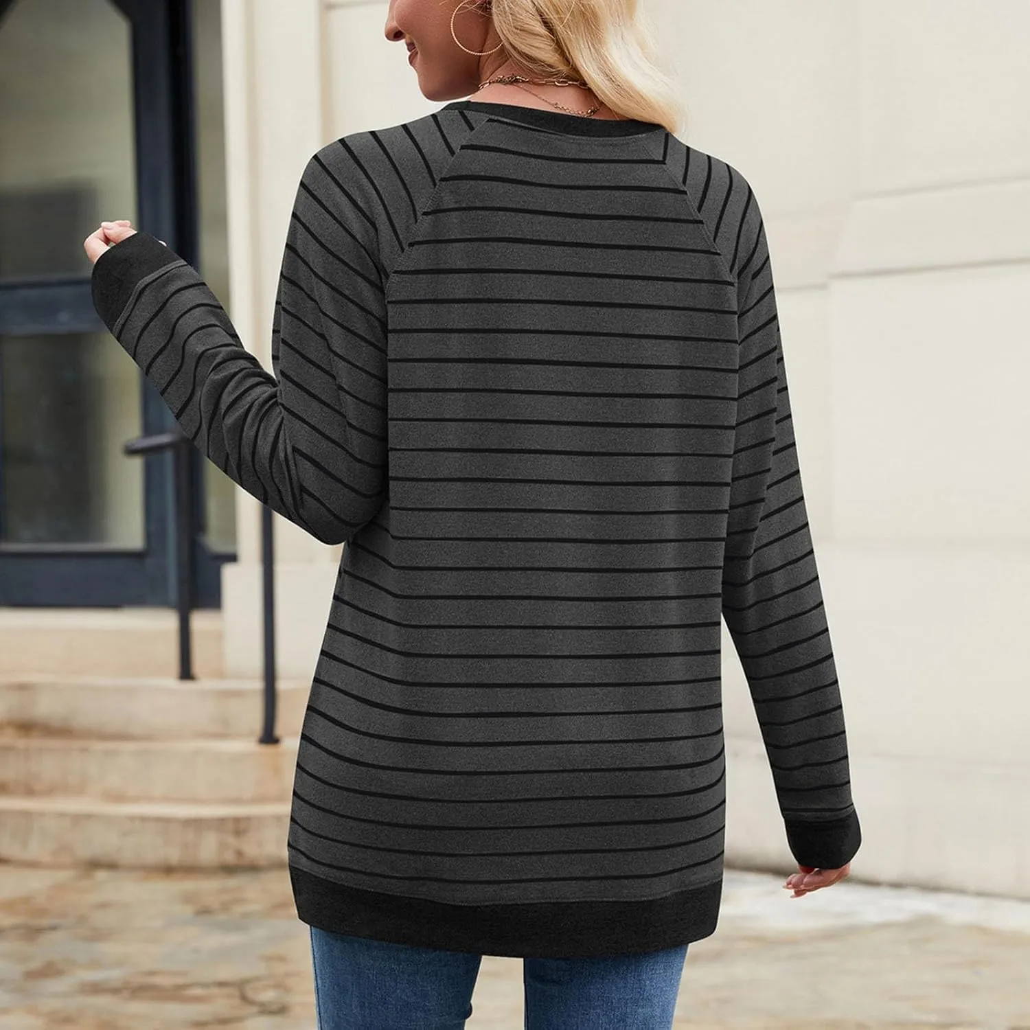 Women's Winter Striped Oversized Hoodies Sweatshirts Pullover Clothes, Crew Neck Long Sleeve Tunic Comfy Tops