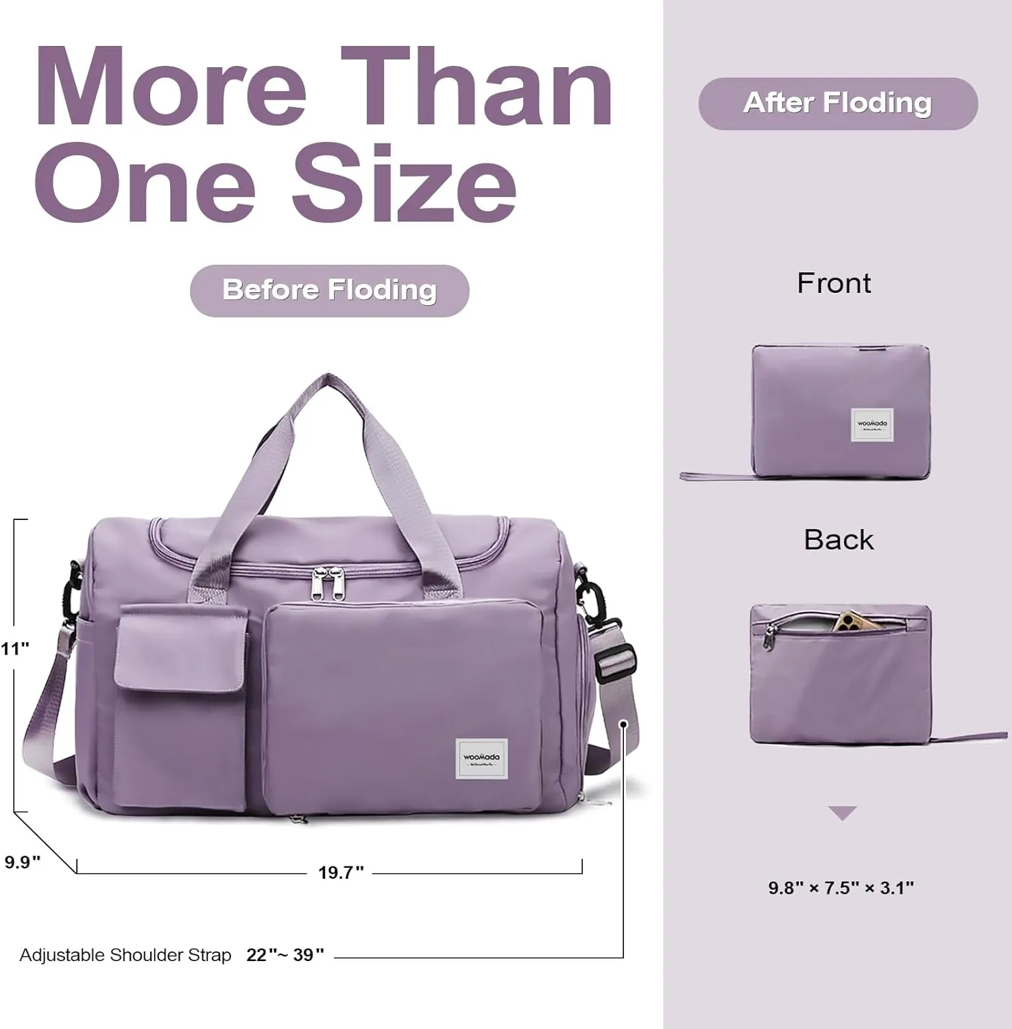WOOMADA Foldable Travel Duffel Bag with Shoes Compartment, Overnight Bag with Wet Pocket & Trolley Sleeve, Weekender Bags for Women, A-grayish purple, Travel Bag, Travel Bag