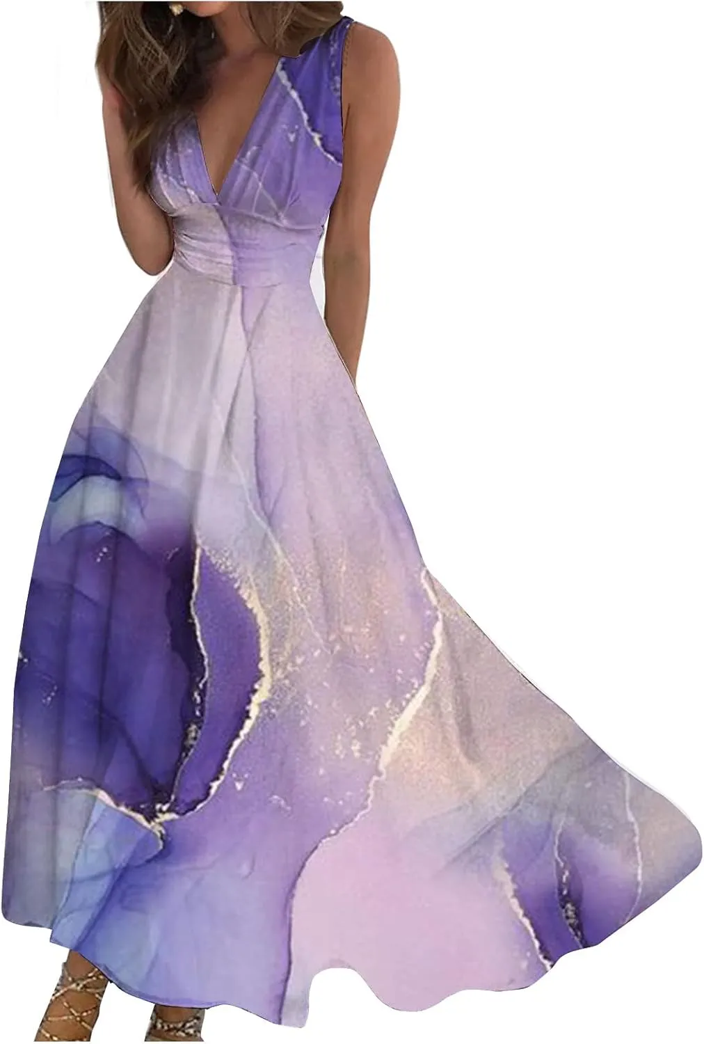 Wrap Dresses for Women 2023 Trendy Sexy V Neck Slim Cold Shoulder Sleeve Maxi Floor Length Watercolor Print Casual Dresses