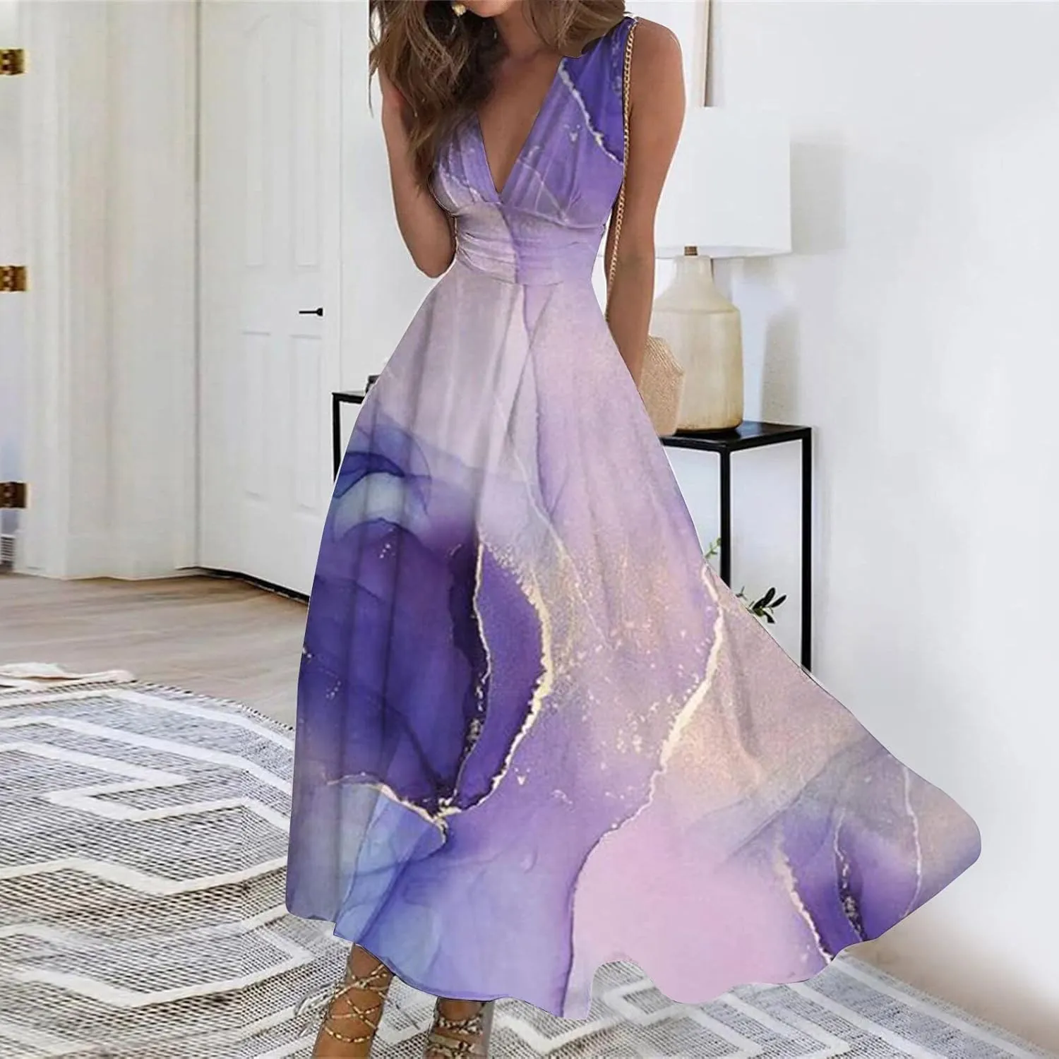 Wrap Dresses for Women 2023 Trendy Sexy V Neck Slim Cold Shoulder Sleeve Maxi Floor Length Watercolor Print Casual Dresses