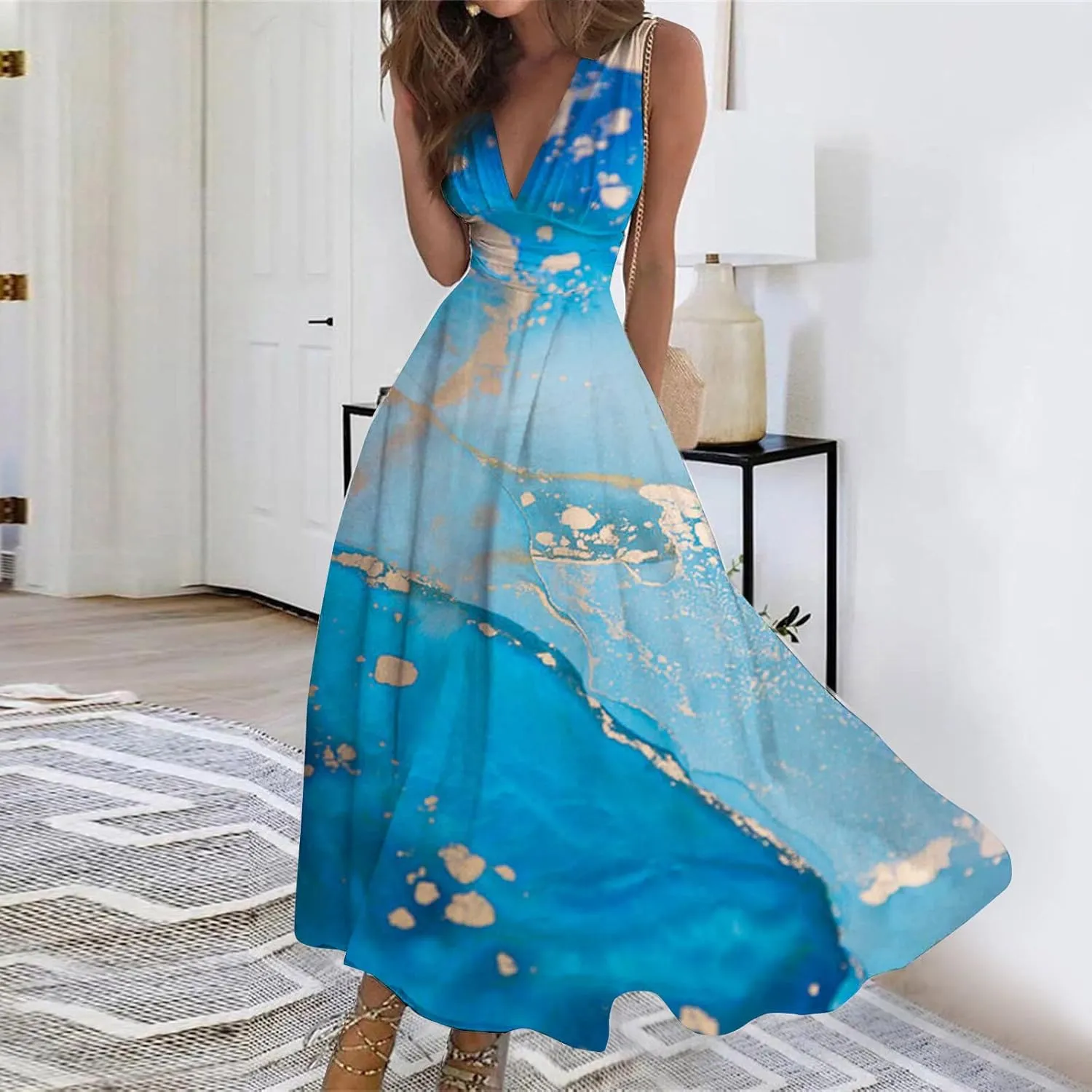 Wrap Dresses for Women 2023 Trendy Sexy V Neck Slim Cold Shoulder Sleeve Maxi Floor Length Watercolor Print Casual Dresses