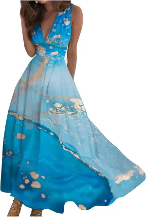 Wrap Dresses for Women 2023 Trendy Sexy V Neck Slim Cold Shoulder Sleeve Maxi Floor Length Watercolor Print Casual Dresses