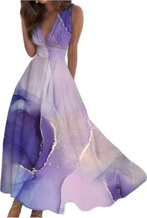 Wrap Dresses for Women 2023 Trendy Sexy V Neck Slim Cold Shoulder Sleeve Maxi Floor Length Watercolor Print Casual Dresses