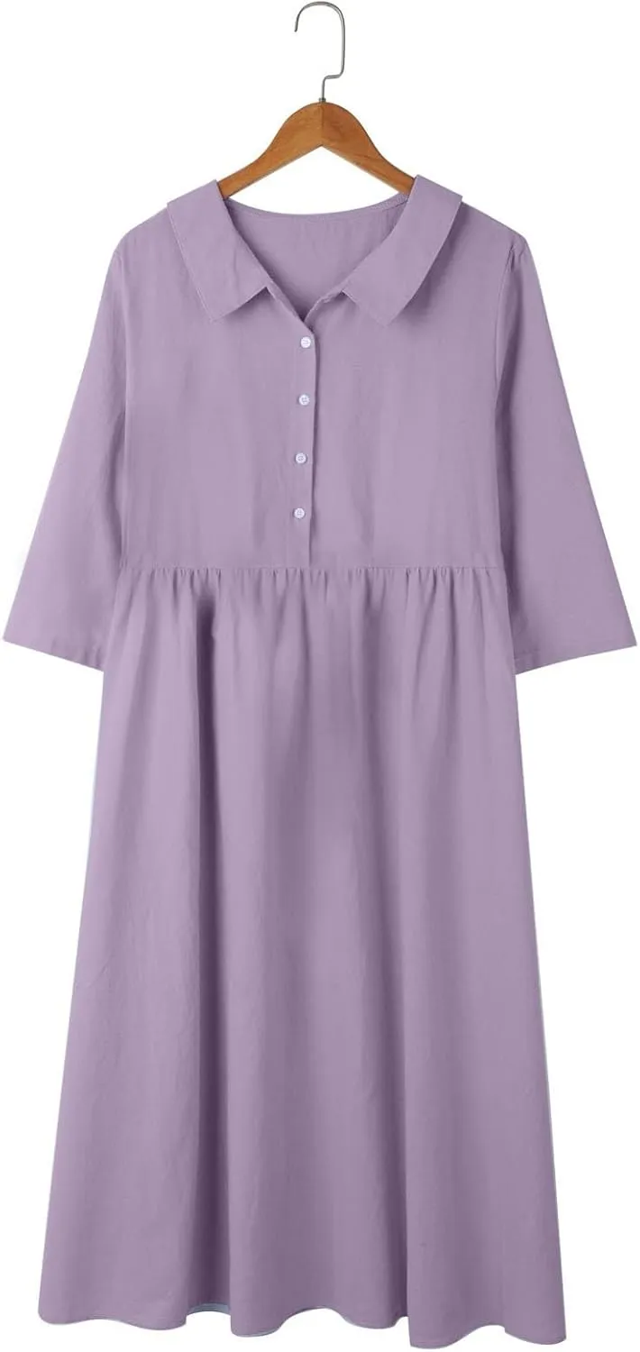 XOWRTE Cotton Linen Dresses for Women 2025 Casual Summer Sleeveless Dresses Loose Fit Turn Down Neck Solid Color Sundress
