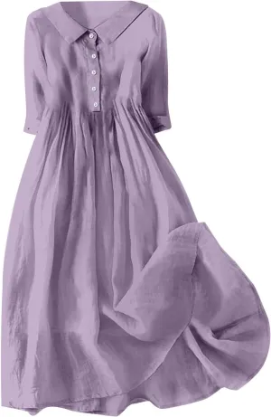 XOWRTE Cotton Linen Dresses for Women 2025 Casual Summer Sleeveless Dresses Loose Fit Turn Down Neck Solid Color Sundress