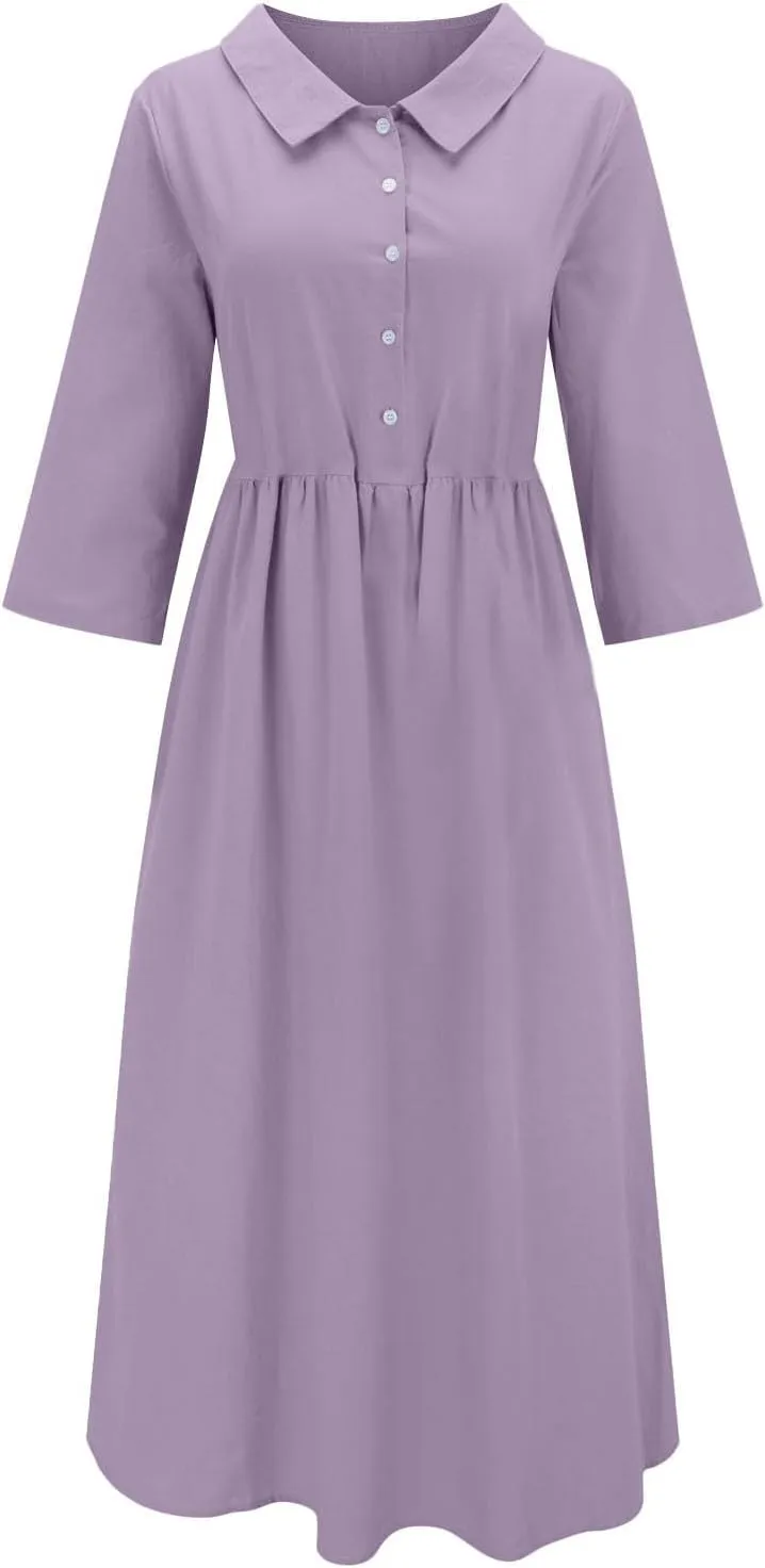 XOWRTE Cotton Linen Dresses for Women 2025 Casual Summer Sleeveless Dresses Loose Fit Turn Down Neck Solid Color Sundress