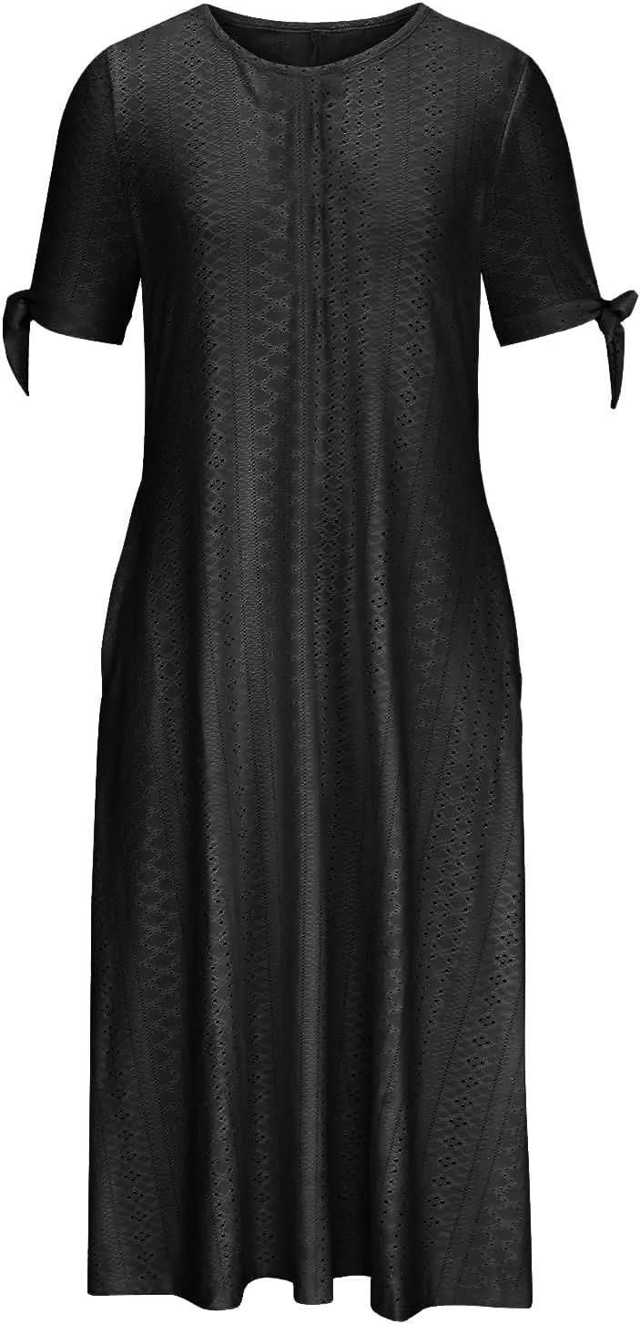 XOWRTE Maxi Long Dresses for Women 2025 Trendy Short Sleeve Eyelet Tshirt Dress Casual Summer Beach Womens