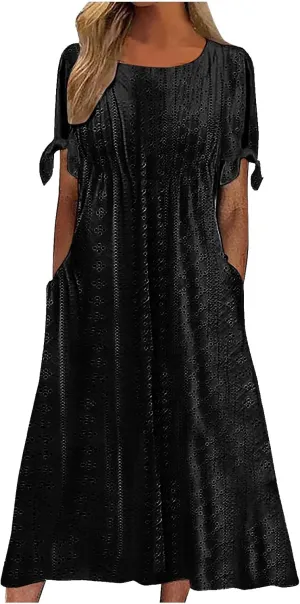 XOWRTE Maxi Long Dresses for Women 2025 Trendy Short Sleeve Eyelet Tshirt Dress Casual Summer Beach Womens