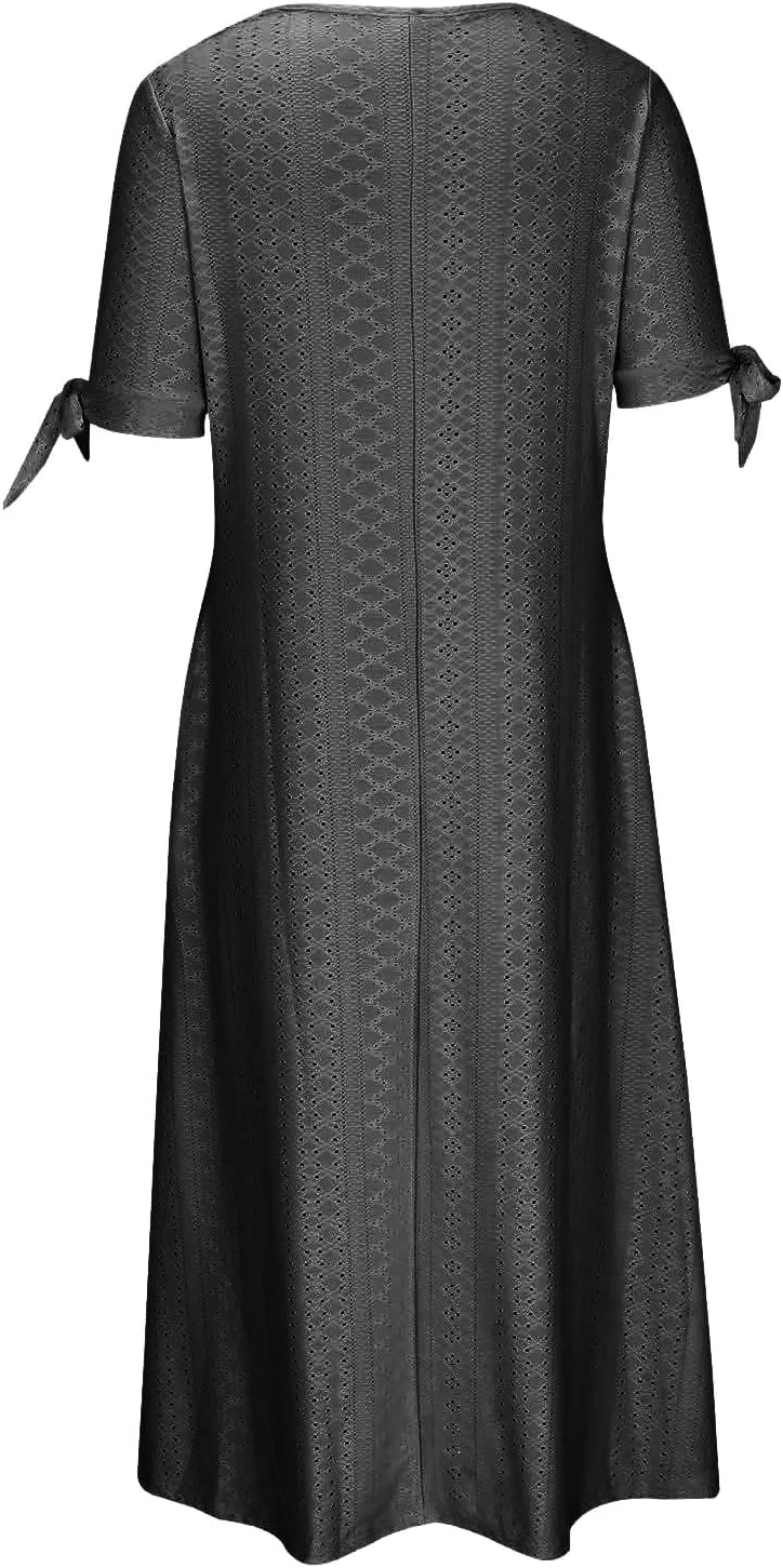 XOWRTE Maxi Long Dresses for Women 2025 Trendy Short Sleeve Eyelet Tshirt Dress Casual Summer Beach Womens