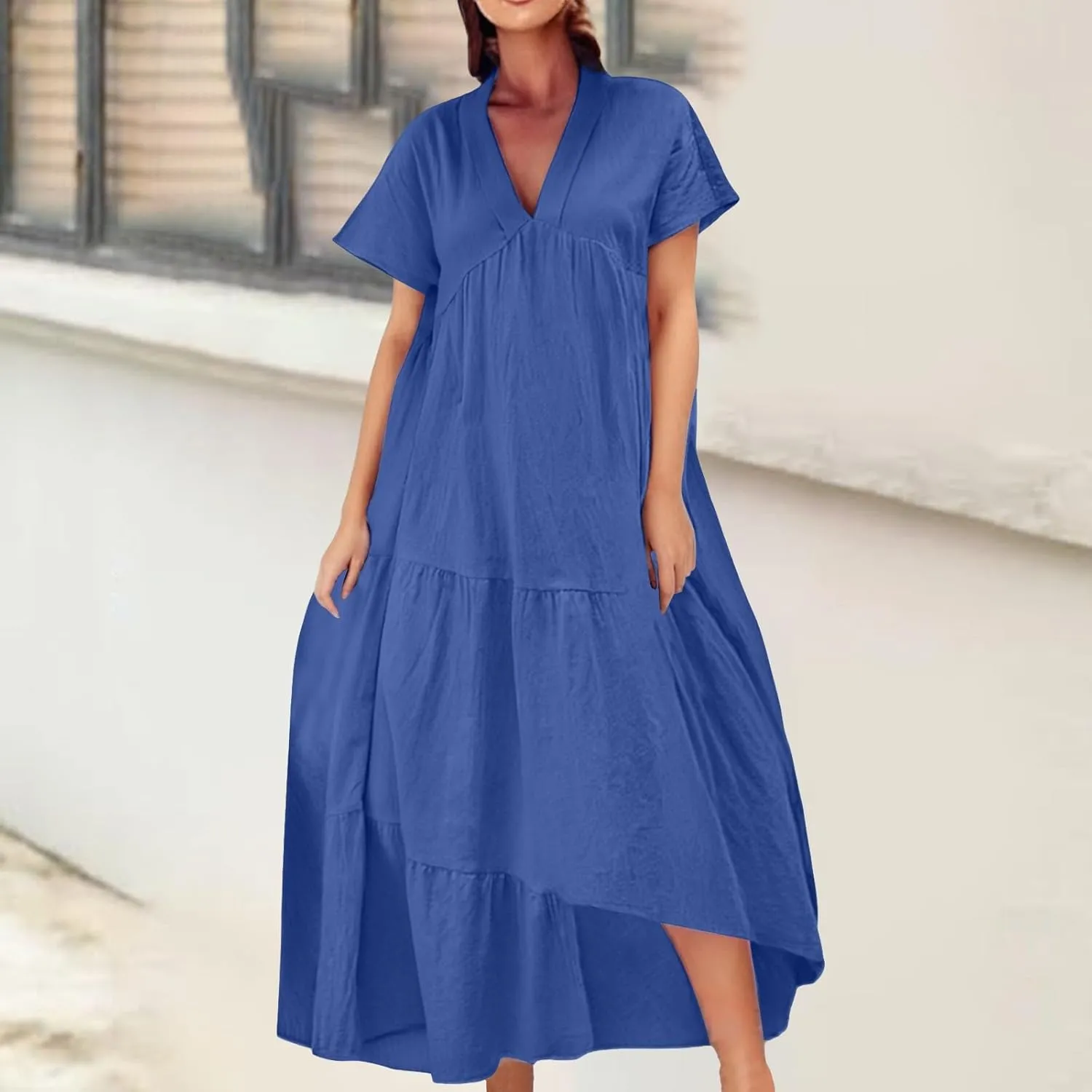 XOWRTE Women Short Sleeve Summer Dress Down V Neck Ruffle Tiered Maxi Dresses Knee Length Summer Dresses