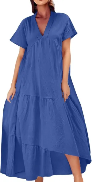 XOWRTE Women Short Sleeve Summer Dress Down V Neck Ruffle Tiered Maxi Dresses Knee Length Summer Dresses
