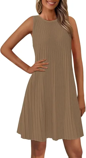XOWRTE Womens 2025 Summer Sleeveless Mini Dress Crewneck Loose Tank A Line Pleated Swing Flowy Party Dresses Solid Color