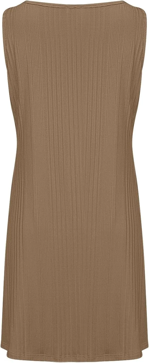 XOWRTE Womens 2025 Summer Sleeveless Mini Dress Crewneck Loose Tank A Line Pleated Swing Flowy Party Dresses Solid Color