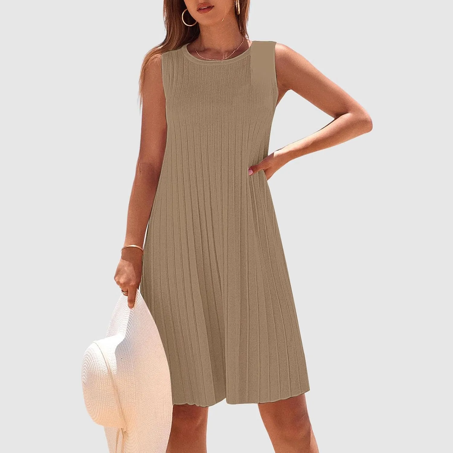 XOWRTE Womens 2025 Summer Sleeveless Mini Dress Crewneck Loose Tank A Line Pleated Swing Flowy Party Dresses Solid Color
