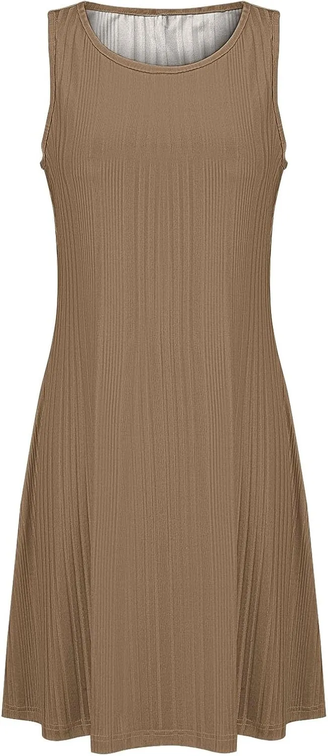 XOWRTE Womens 2025 Summer Sleeveless Mini Dress Crewneck Loose Tank A Line Pleated Swing Flowy Party Dresses Solid Color