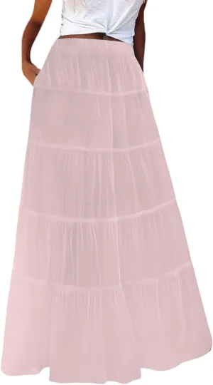 XOWRTE Womens Summer Boho Maxi Skirts Smocked High Wasited Flowy Tiered Ruffle A Line Long Beach Skirt Skirt