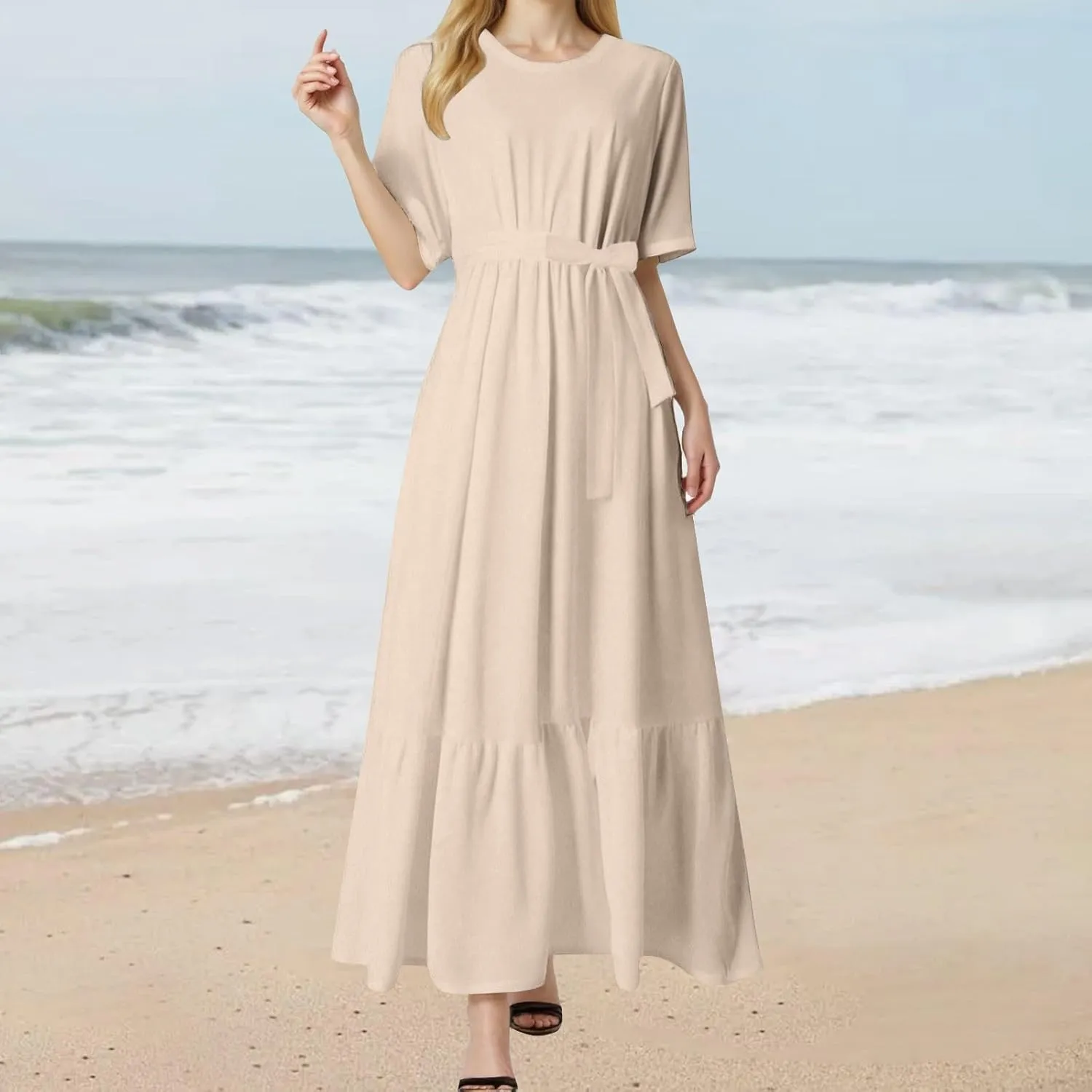 XOWRTE Womens Tank Sundress Casual Floral Print Tshirt Dress Swing Short Sleeve Midi Dress Crewneck Pleated Summer Dresses