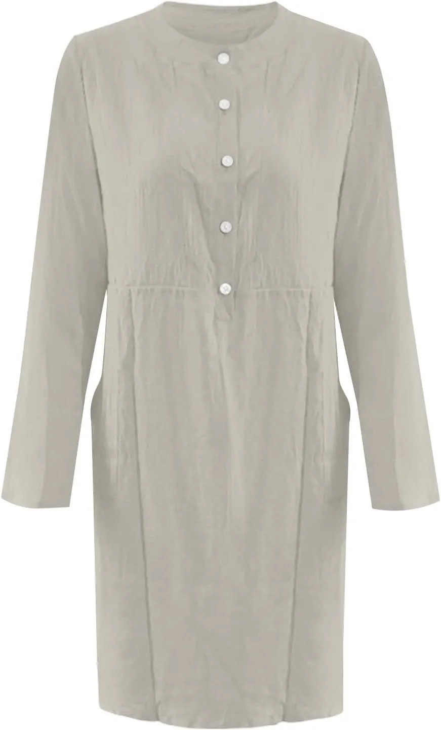 XOWRTE Work Dresses for Women 2025 Spring Business Formal Long Sleeve Dress Cotton Linen Button Down Elegant Office Outfits