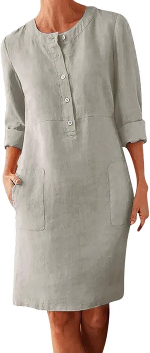 XOWRTE Work Dresses for Women 2025 Spring Business Formal Long Sleeve Dress Cotton Linen Button Down Elegant Office Outfits