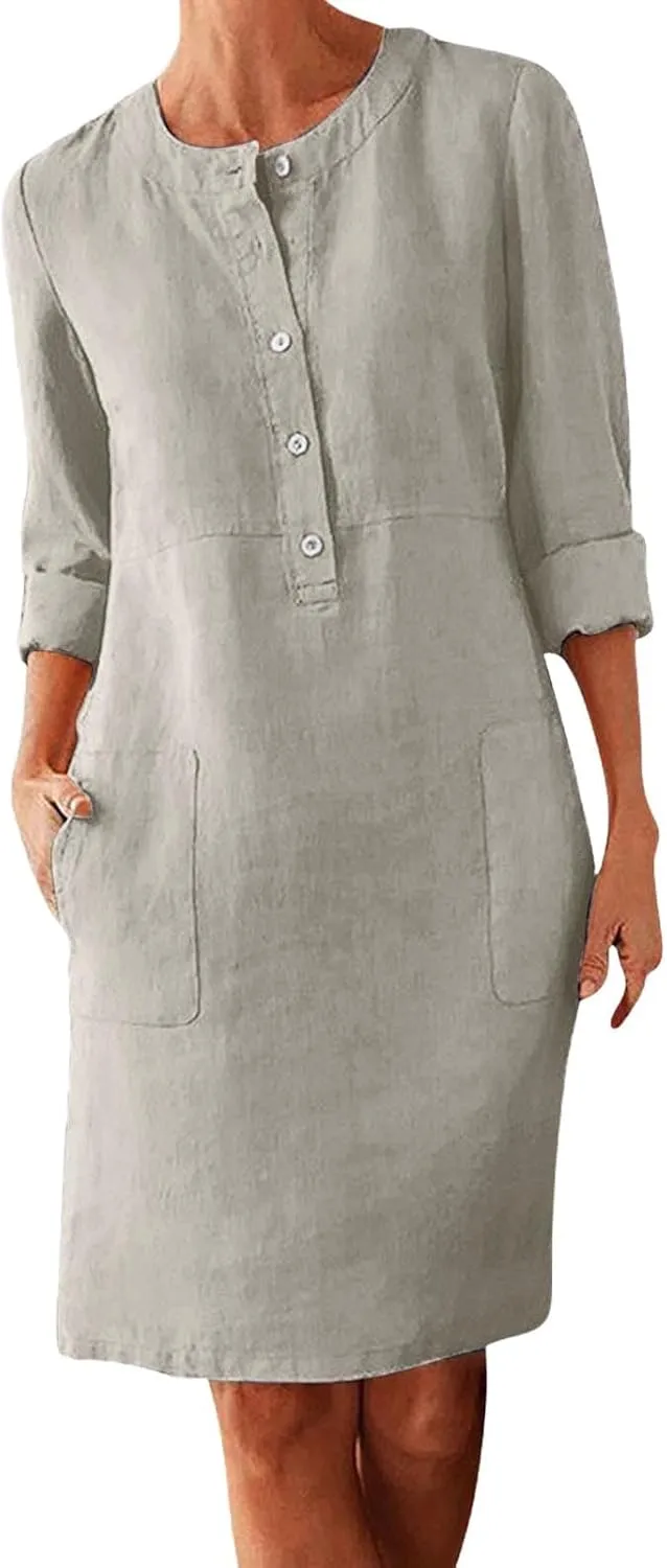 XOWRTE Work Dresses for Women 2025 Spring Business Formal Long Sleeve Dress Cotton Linen Button Down Elegant Office Outfits